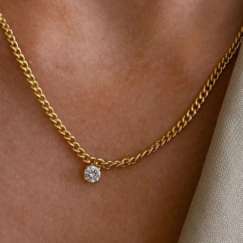 Vintage 18k Gold Plated Titanium Steel Cuban Link Necklace With Round Rhinestone Pendant For Women Elegant Jewelry Gift