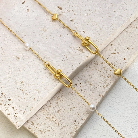 Edelstahl Herz Künstliche Perlen Armband Für Damen Vergoldet U-Link Hufeisenschnalle Verstellbarer Modeschmuck