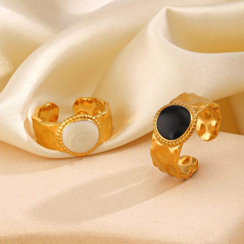 Retro Hammered Round Open Ring 18K Gold Plated Stainless Steel Enamel Geometric Adjustable Finger Jewelry For Women
