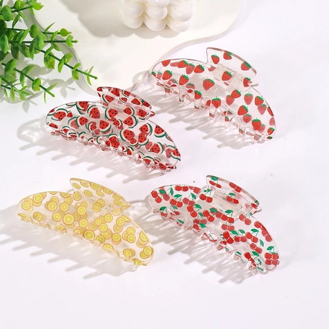 Molletta Per Capelli In Acrilico Trasparente Con Stampa Frutta Fragola Anguria Ciliegia Accessori