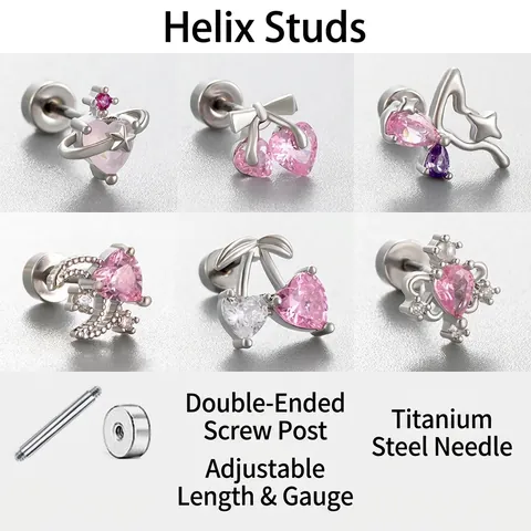 Pink Zircon Heart Cherry Cartilage Stud Earrings Titanium Steel Screw Back Piercing Jewelry For Women Girls