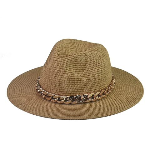 Straw Fedora Hat With Large Gold Metal Chain Wide Brim Sun Protection Summer Beach Jazz Panama Style For Women Men