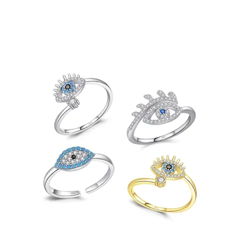 925 Sterling Silver Evil Eye Adjustable Open Ring For Women With Zircon Turquoise Color Micro Pave Trendy Jewelry