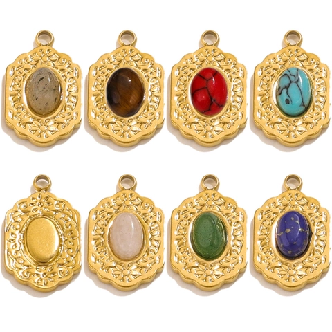 Ovaler Naturstein Anhänger 18K Vergoldet Edelstahl Vintage Relief DIY Schmuckherstellung Zubehör