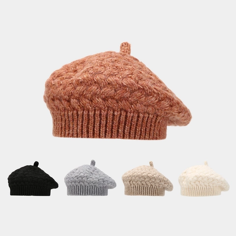 Women Knitted Beret Hat Cable Knit Acrylic Warm Winter Solid Color French Style Painter Cap