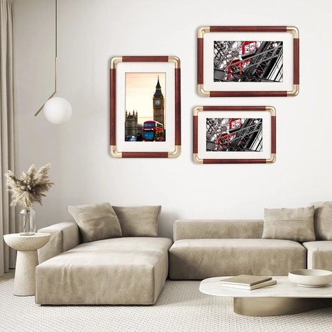 Picture Frames Plastic Wood Grain Texture With Metal Corners For Tabletop And Wall Hanging Decor Elegant Retro Home