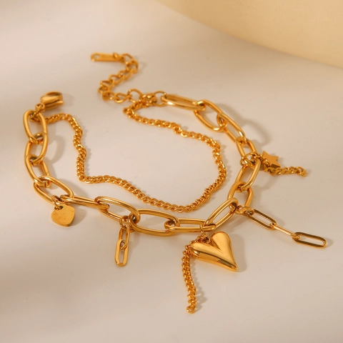 Bracciale Multistrato In Acciaio Inossidabile Placcato Oro 18K Pendenti Cuore Stella Gioielli Di Moda Donna