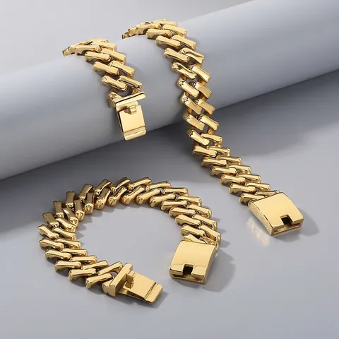 Punk Stainless Steel Cuban Link Necklace And Bracelet For Men Women Hip Hop Chunky Chain Jewelry