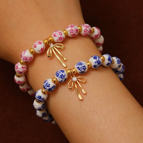 New Chinese Blue White Ceramic Beaded Bracelet For Women Alloy Bowknot Cross Heart Pendant Floral Porcelain Jewelry Gift
