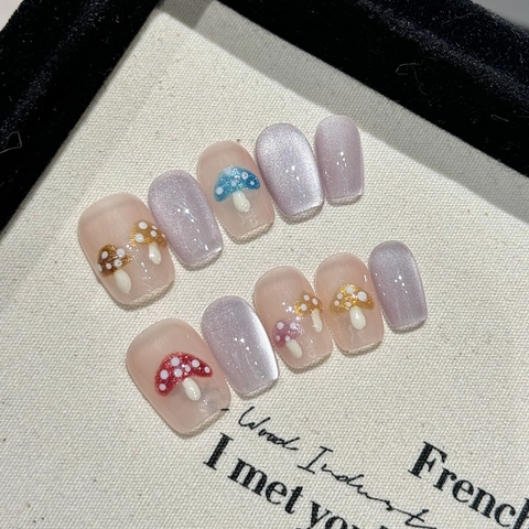 Handmade Press On Nails Mushroom Design Purple Cat Eye 3D Cute French Style Reusable Artificial Finger Nails Kawaii