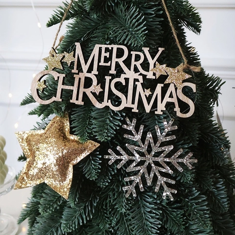 Pendente Lettere Merry Christmas Legno Pelle Glitter Fiocco Di Neve Stella Ornamenti Appesi Per Decorazione Albero