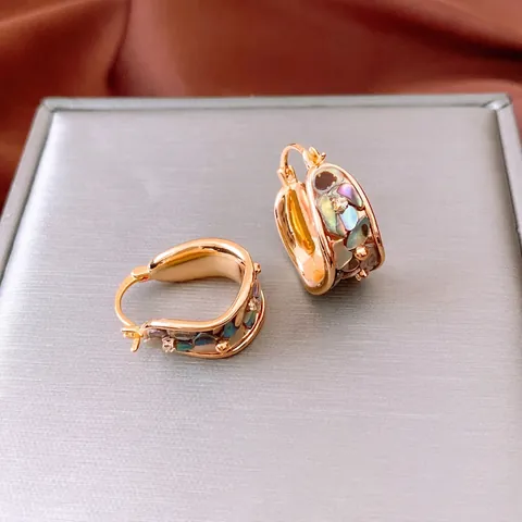 Boucles D'Oreilles Huggie Hoop Vintage En Cuivre Plaqué Or 18K Avec Nacre D'Abalone Zircon Et Tige En Acier