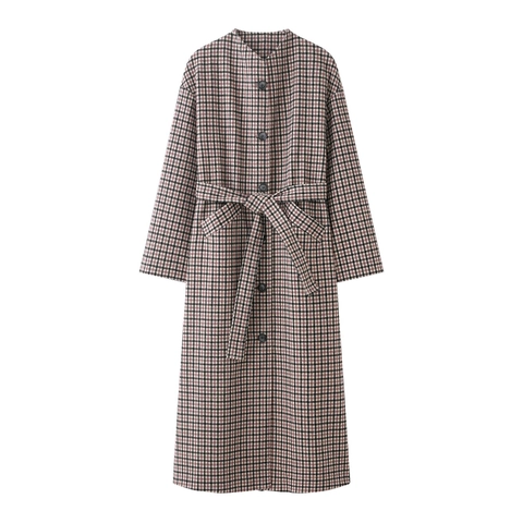 Dames Geruite Lange Jas Polyester Dubbele Rij Knopen Met Riem Opstaande Kraag Elegant Vintage Bovenkleding