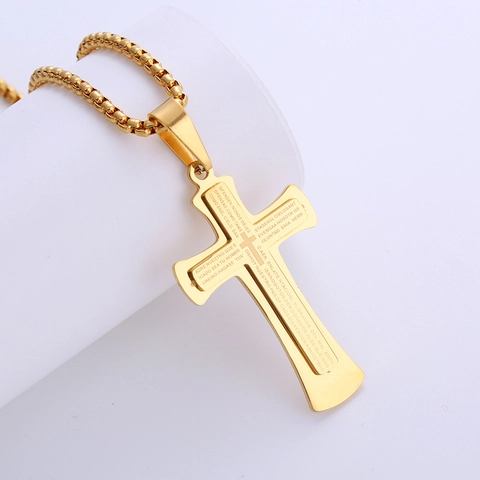 Lords Prayer Cross Pendant Necklace Stainless Steel Engraved Spanish Scripture Religious Retro Jewelry For Men