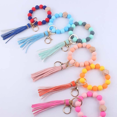 Porte Clés Bracelet Perles En Silicone Avec Perle En Bois Géométrique Et Gland En Cuir PU Anneau De Clé Pour Femmes