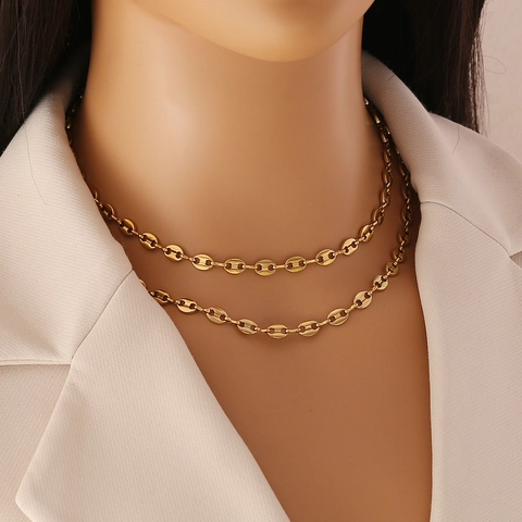Stainless Steel Pig Nose Coffee Bean Y-Shaped Necklace For Women Gold Plated Double Layered Heart Pendant Fashion Jewelry Gift