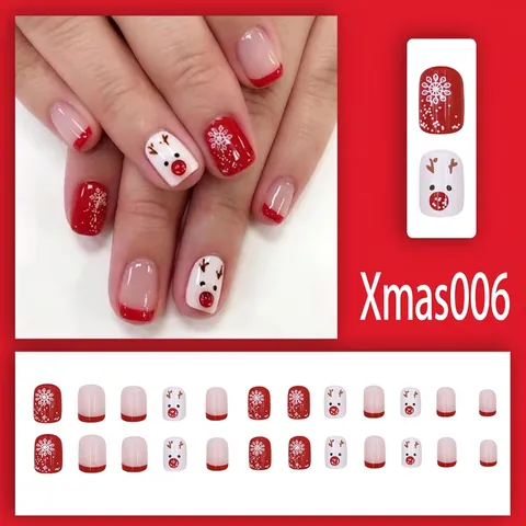 Christmas Press On Nails ABS Plastic Resin Reusable Short Square Red White Snowflake Reindeer Winter Holiday For Women