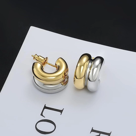 Pendientes De Aro Gruesos Forma C Acero Inoxidable Bicolor Oro Y Plata Pulido Geométrico Atrevido Minimalista Para Mujer