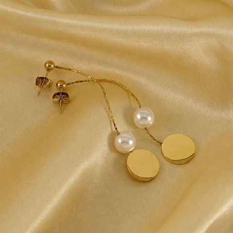 Orecchini Pendenti In Acciaio Inossidabile Per Donna Placcati Oro 18K Nappina Lunga Perla Artificial Geometrica Gioielli