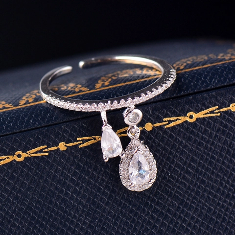 Anillo Abierto de Cobre Ajustable Para Mujer Con Colgante de Gota de Agua de Circonia Personalizado Fino Apilable Joyería Moda