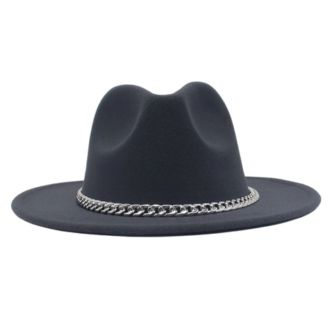Chapeau Fedora À Bord Large En Feutre De Laine Bonnet Jazz Avec Décoration De Chaîne En Métal Argenté Vintage Rétro