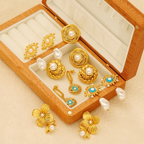 Roestvrijstalen Boze Oog Oorbellen Met Kunstparel 18K Verguld Emaille Bloem Studs Voor Dames Mode Sieraden Boutique