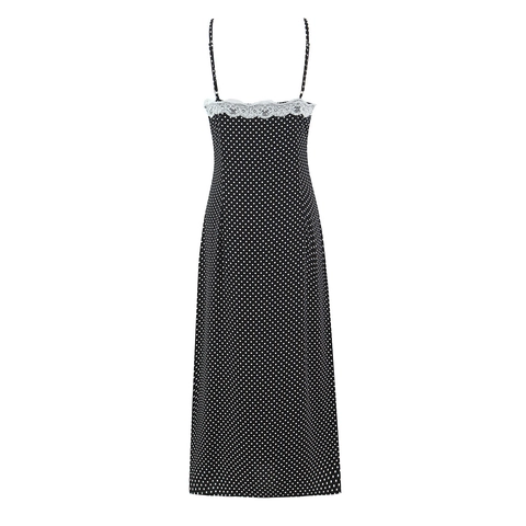 Women Polka Dot Midi Dress With Lace Trim V Neck Spaghetti Strap Sleeveless French Retro Sexy Summer Rayon Outfit