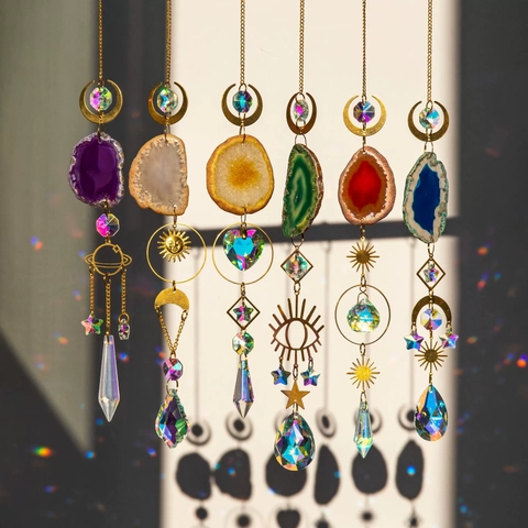 Atrapasol De Cristal Con Rodaja De Ágata Natural Creador De Arcoíris Prisma Luna Sol Estrella Decoración Colgante Ventana