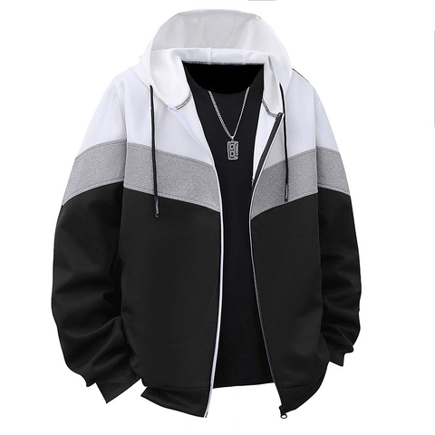 Sweat À Capuche Zippé Pour Hommes Color Block Polyester Cordon Manches Longues Décontracté Sport Veste Streetwear