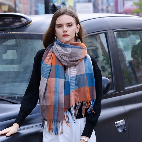Women Plaid Contrast Color Scarf Imitation Cashmere Thick Warm Tassel Shawl Wrap Winter Fashion