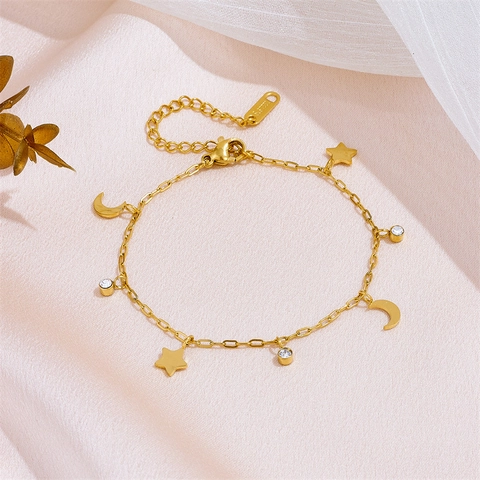 Hemelse Ster Maan Charm Armband Roestvrij Staal Verguld Zirkonia Accenten Trendy Sieraden Voor Dames