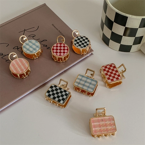 Retro Checkerboard Mini Hair Claw Clips Acrylic Alloy Small Plaid Hair Clips For Women Ponytail Styling Fashion Hair Accessories