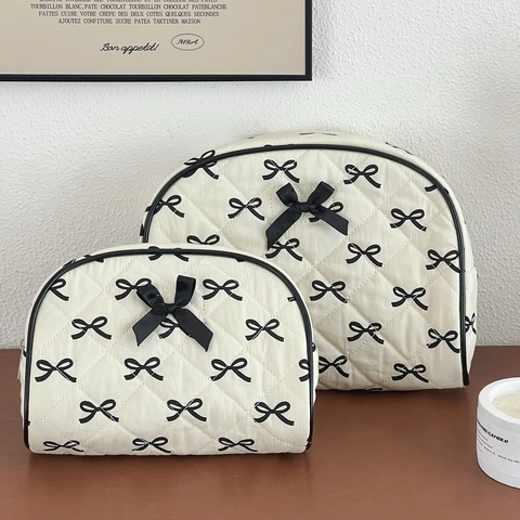 Borsa Trucco In Cotone Trapuntato Decorazione Fiocco Organizzatore Da Viaggio Grande Capacità Stile Dolce Pochette Mezzaluna Con Cerniera