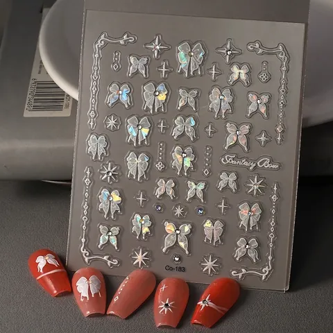 Pegatinas De Arte De Uñas En Relieve 3D Aurora Blanco Lazo Estrella Mariposa Retro Autoadhesivo Decoración Manicura