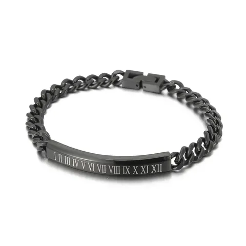 Men Stainless Steel Bracelet With Roman Numerals Curved ID Plate Cuban Link Polished Jewelry