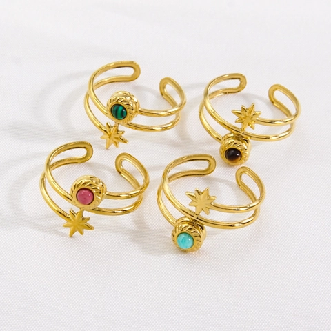 Franse Vintage Roestvrij Staal Open Verstelbare Ring Achtpuntige Ster Natuurlijke Malachiet Steen Goud Vergulde Ring Voor Vrouwen Sieraden