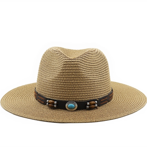 Chapeau Fedora En Paille Large Bord Protection Solaire Paille De Papier Bohème Style Western Plage Voyage Unisexe Respirant Panama