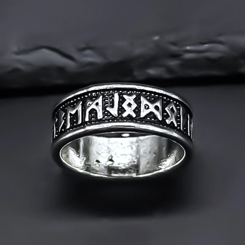 Vintage Nordischer Runen Ring Legierung Geprägte Wikinger Zeichen Breites Band Retro Silber Finish Schmuck