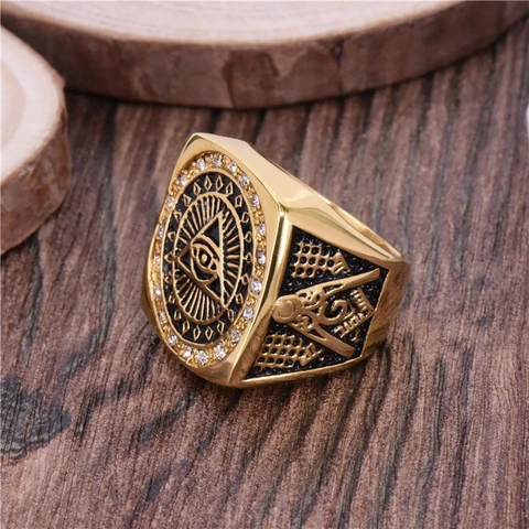 Retro Herren Freimaurer Siegelring Edelstahl Vergoldet Auge Der Vorsehung Zirkel Winkelmaß Vintage Religiöser Schmuck Zubehör