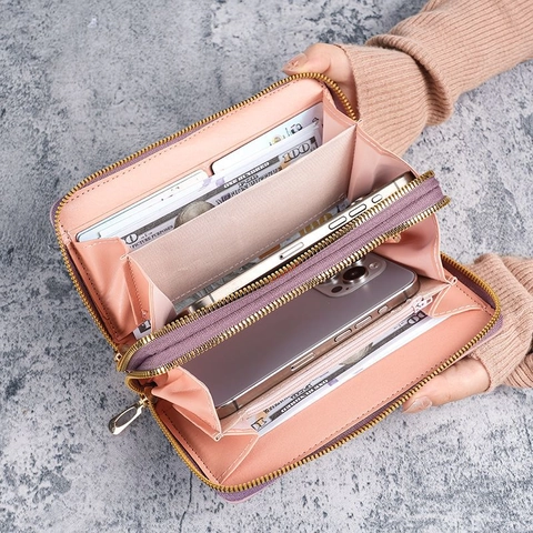 Women's Long Wallet PU Leather Double Zipper Large Capacity Heart Decor Geometric Embossed Clutch With Wristlet