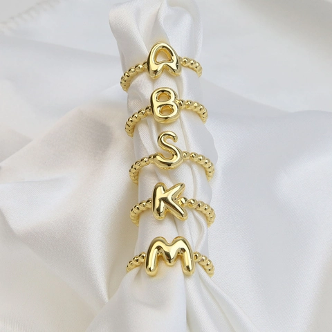18K Vergoldet 26 Initialen Buchstaben Offener Ring Für Damen Vintage Blasenperlen Verstellbarer Fingerring Mode Schmuck