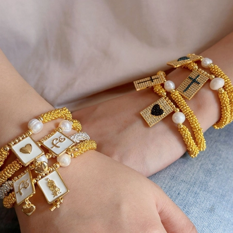 Bohemian Beaded Bracelet With Copper Artificial Pearl Cross Heart Virgin Mary Enamel Pendant Vintage Religious Jewelry For Women
