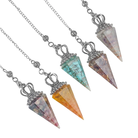 Orgone Crystal Pendulum Pendant Hexagonal Cone Natural Gemstone Resin Healing Dowsing Divination Alloy Crown Chain