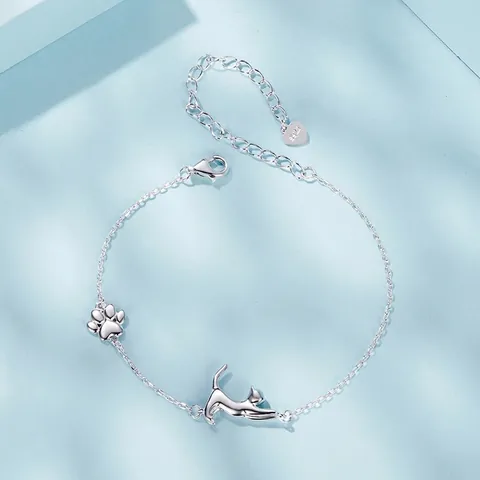 Cute Dachshund Dog Cat Animal Silhouette Charm Bracelet 925 Sterling Silver Platinum Plated Paw Print Jewelry For Women
