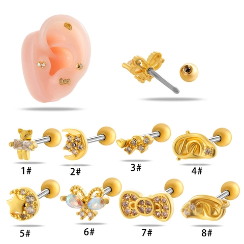 Ear Cartilage Stud Piercing Jewelry Copper Inlaid Zircon Stainless Steel Bar Butterfly Moon Star Bow Tiny Dainty Elegant For Women