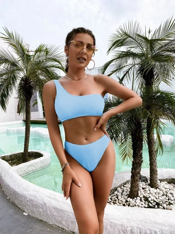 One Shoulder Smocked Bikini Top And High Cut Bottoms Textured Swimsuit Beachwear For Women Sky Blue Polyester