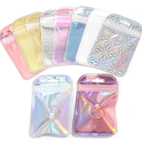 Holographic Ziplock Packaging Bags Resealable Iridescent Plastic Pouches With Hanging Hole For Jewelry Gift Storage