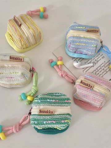 Mini Coin Purse Woven Tweed Fabric Earphone Storage Bag Zipper Closure Colored Bead Lanyard Portable Simple Square Case