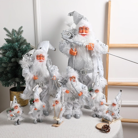 Silver White Santa Claus Figurine Sequin Fabric Faux Fur Christmas Decoration Holiday Ornament Standing Skiing Poses