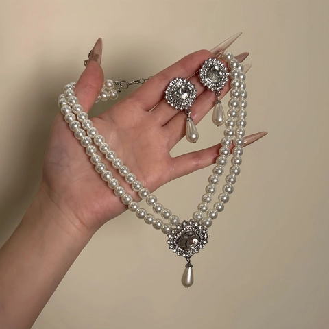 Gioielli Con Künstliche Perle Sintetiche Barocche Collana A Doppio Strato E Orecchini Di Strass A Goccia Con Perno In Argento Per Donna